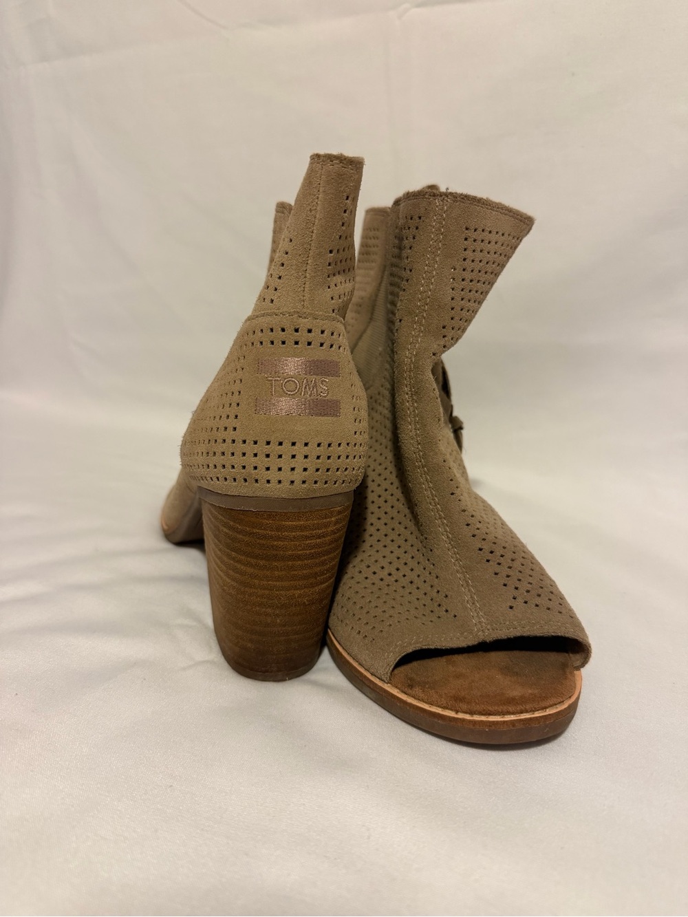 TOMS Taupe Perforated Open-Toe Block Heel Booties